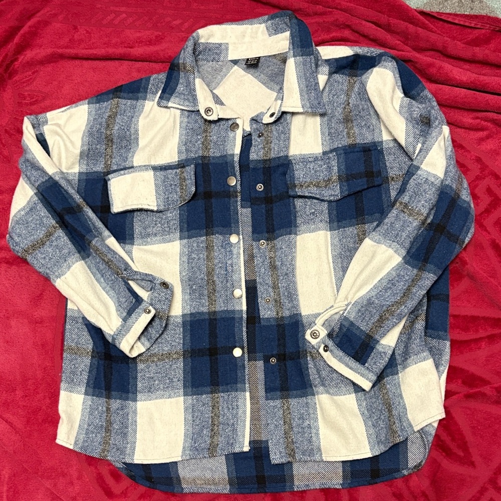 SHEIN Blue and Cream Plaid Shirt